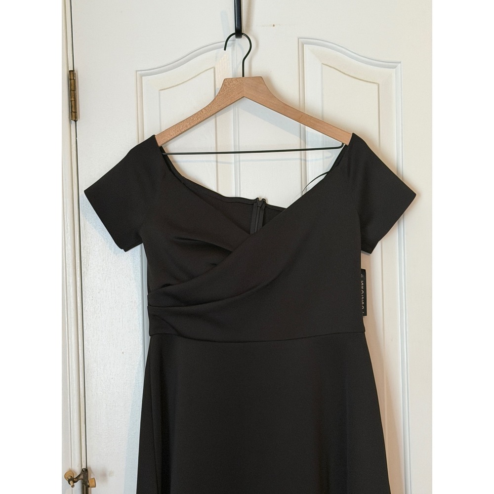 NWT Saloni | Drop-Shoulder Midi Dress US12 Black Crossover Bodice A-Line - Picture 4 of 11